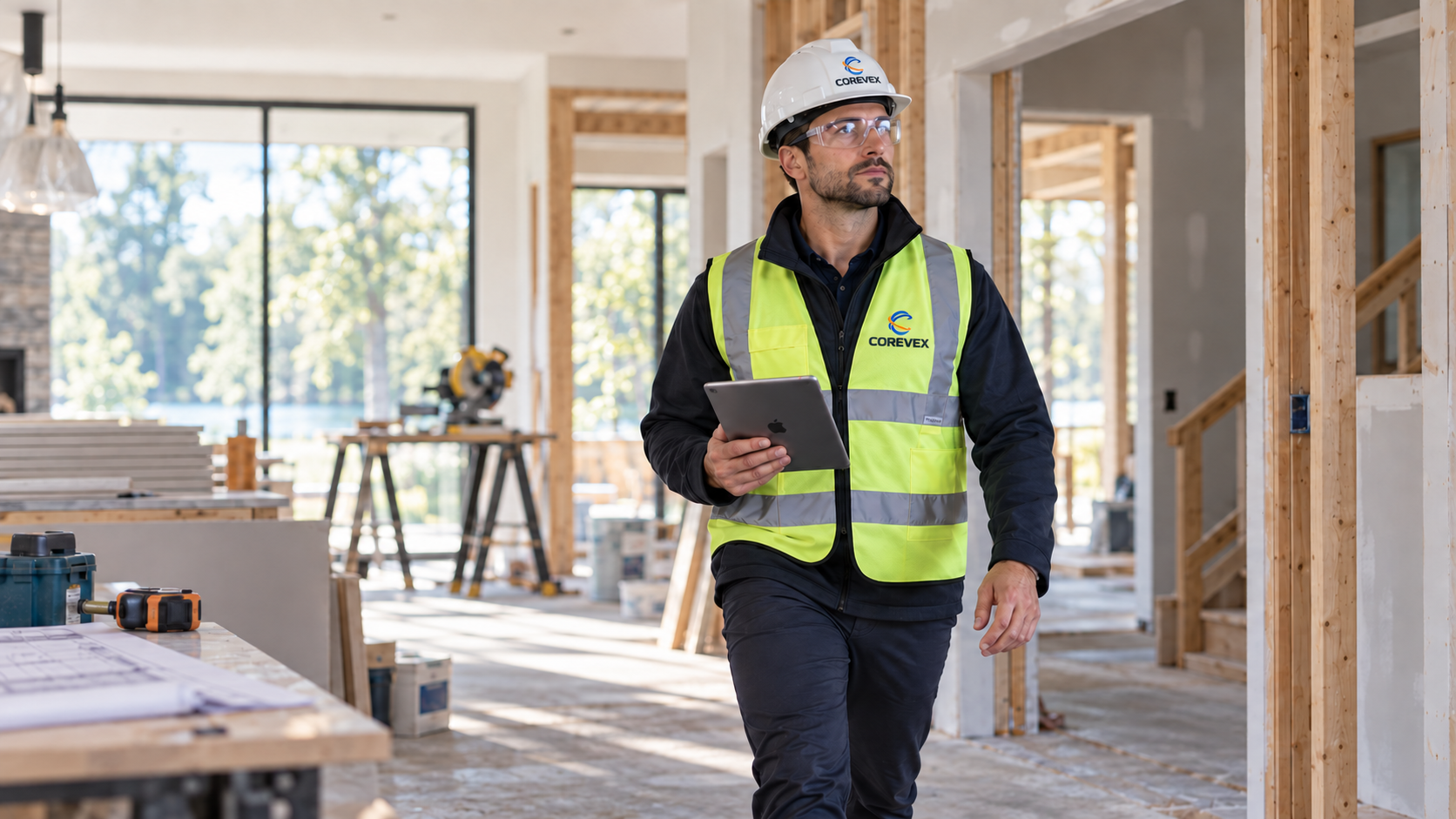 Illustration of an engineer reviewing a home under renovation