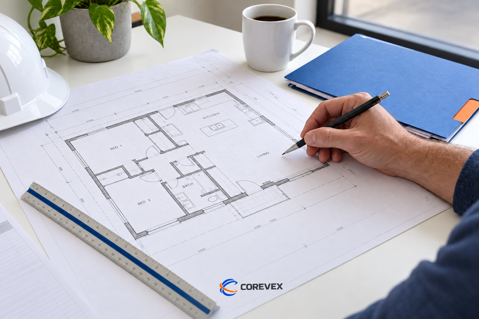 Residential design drawings being reviewed for a proposed renovation